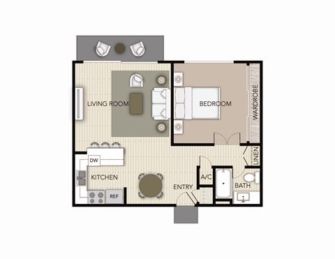 Floor plan for 1 bed, 1 bath, 740 sqft